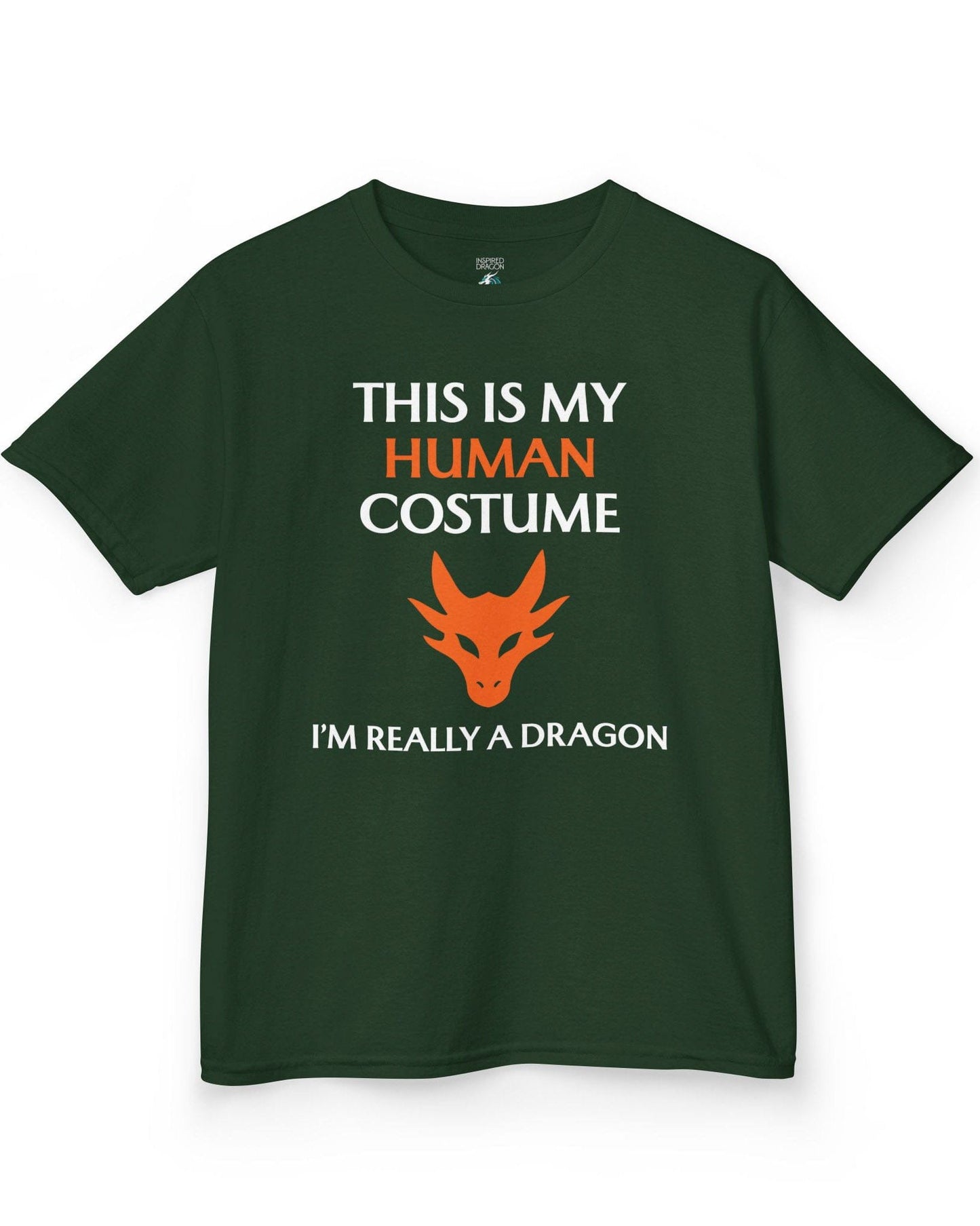 This Is My Human Costume shirt in forest green featuring bold white and orange text with a stylized orange dragon head.