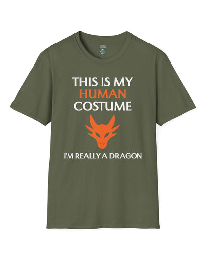 This Is My Human Costume shirt in military green featuring bold white and orange text with a stylized orange dragon head.