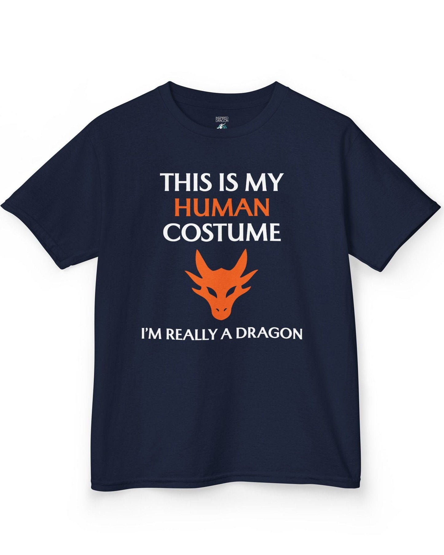This Is My Human Costume shirt in navy featuring bold white and orange text with a stylized orange dragon head.