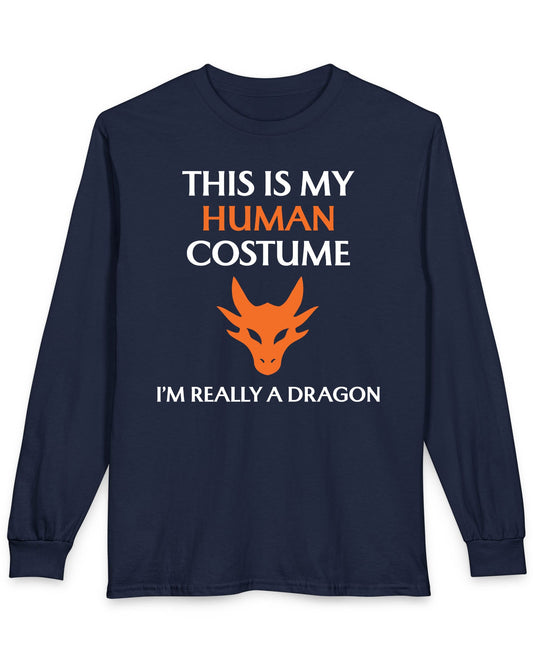 This Is My Human Costume shirt in navy featuring bold white and orange text with a stylized orange dragon head