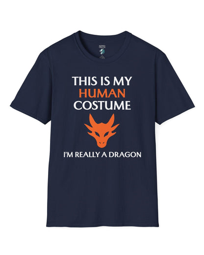 This Is My Human Costume shirt in navy featuring bold white and orange text with a stylized orange dragon head.