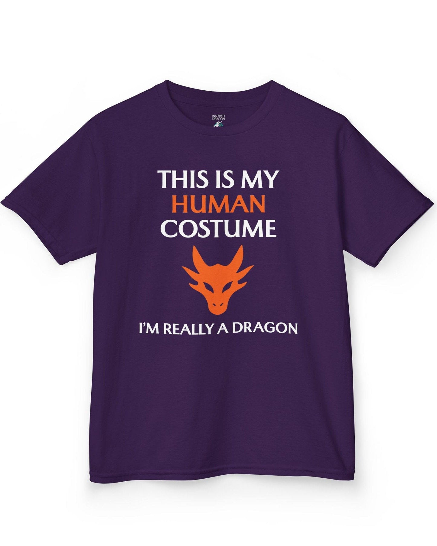 This Is My Human Costume shirt in purple featuring bold white and orange text with a stylized orange dragon head.