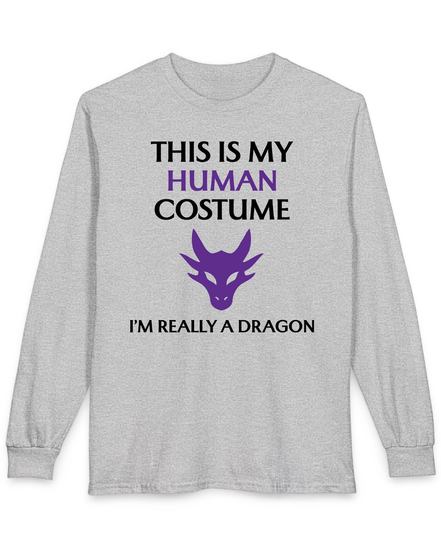This Is My Human Costume shirt in sport grey featuring bold black and purple text with a stylized purple dragon head