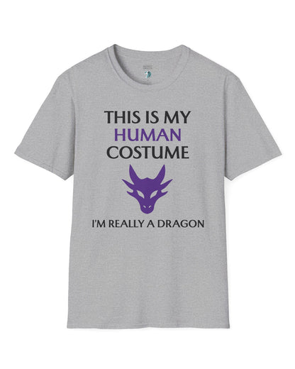 This Is My Human Costume shirt in sport grey featuring bold black and purple text with a stylized purple dragon head.