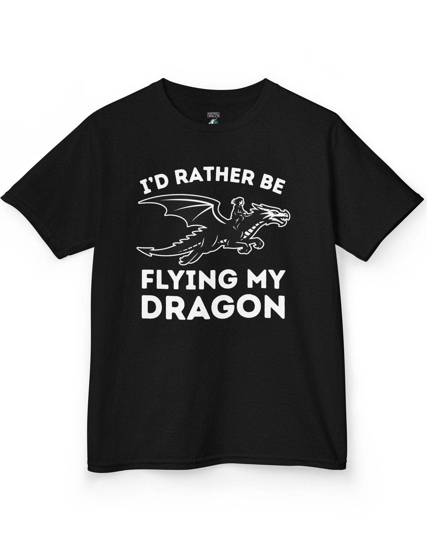 I'd Rather Be Flying My Dragon shirt in black featuring a rider soaring on a black dragon silhouette.