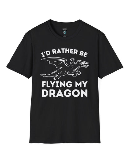 I'd Rather Be Flying My Dragon shirt in black featuring a rider soaring on a black dragon silhouette.