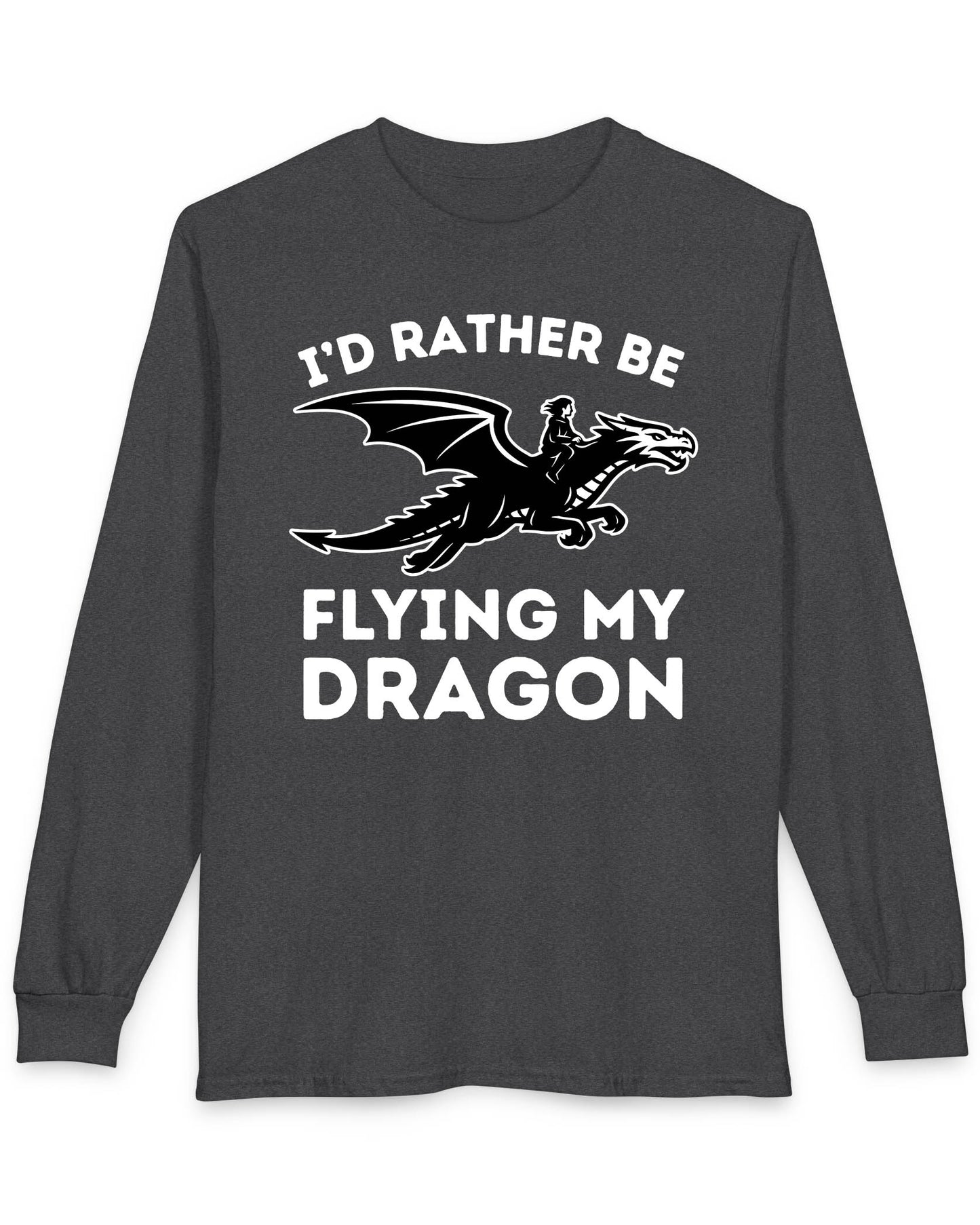 I'd Rather Be Flying My Dragon shirt in dark heather featuring a rider soaring on a black dragon silhouette