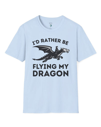 I'd Rather Be Flying My Dragon shirt in light blue featuring a rider soaring on a black dragon silhouette.