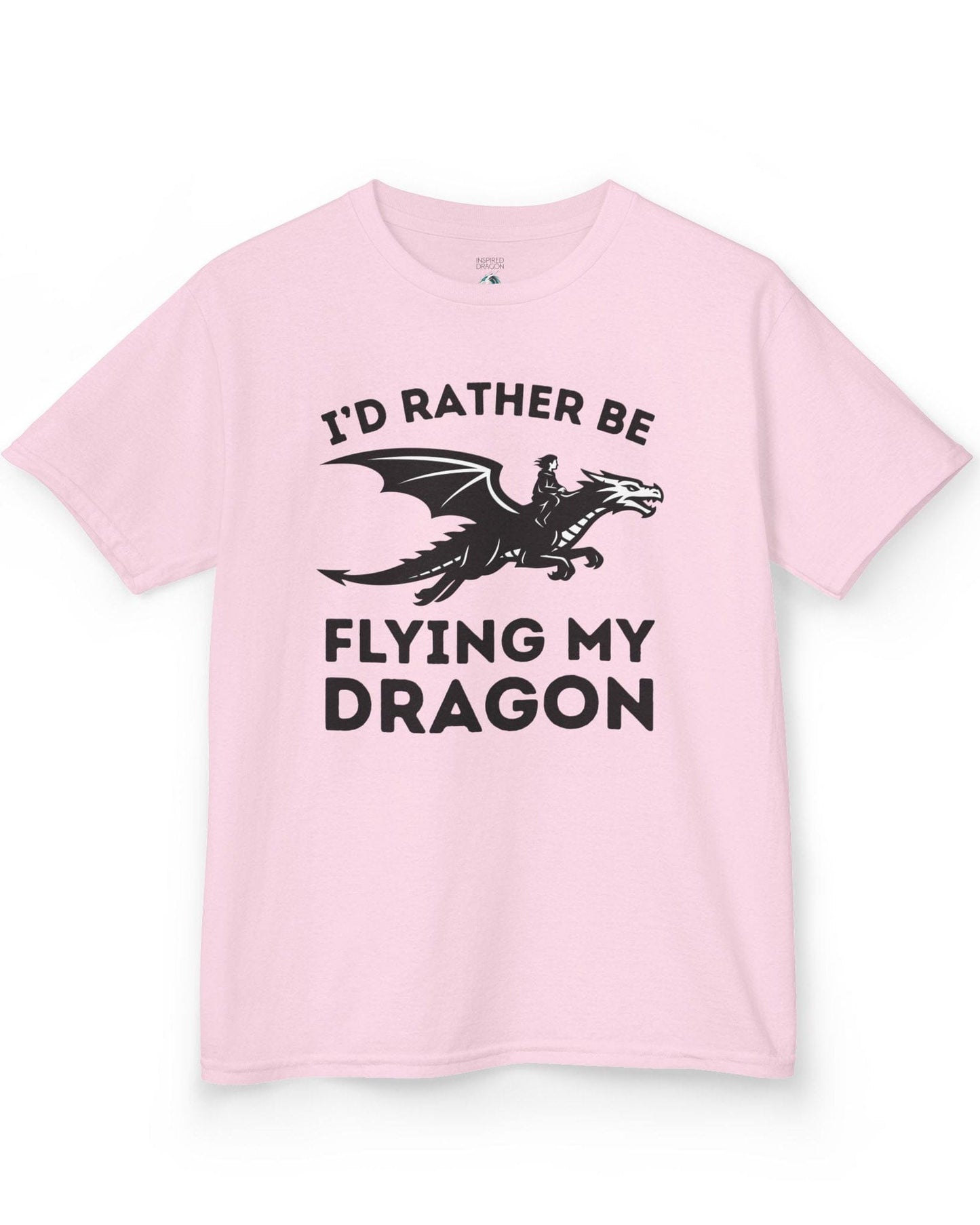 I'd Rather Be Flying My Dragon shirt in light pink featuring a rider soaring on a black dragon silhouette.