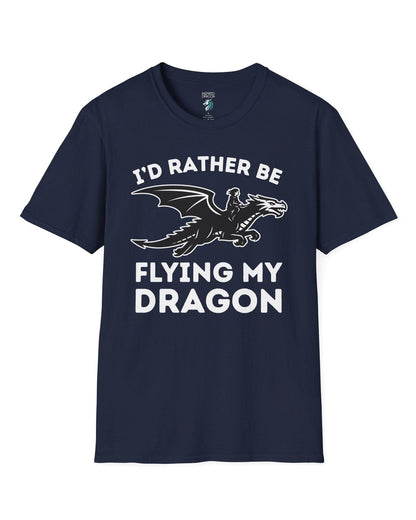 I'd Rather Be Flying My Dragon shirt in navy featuring a rider soaring on a black dragon silhouette.