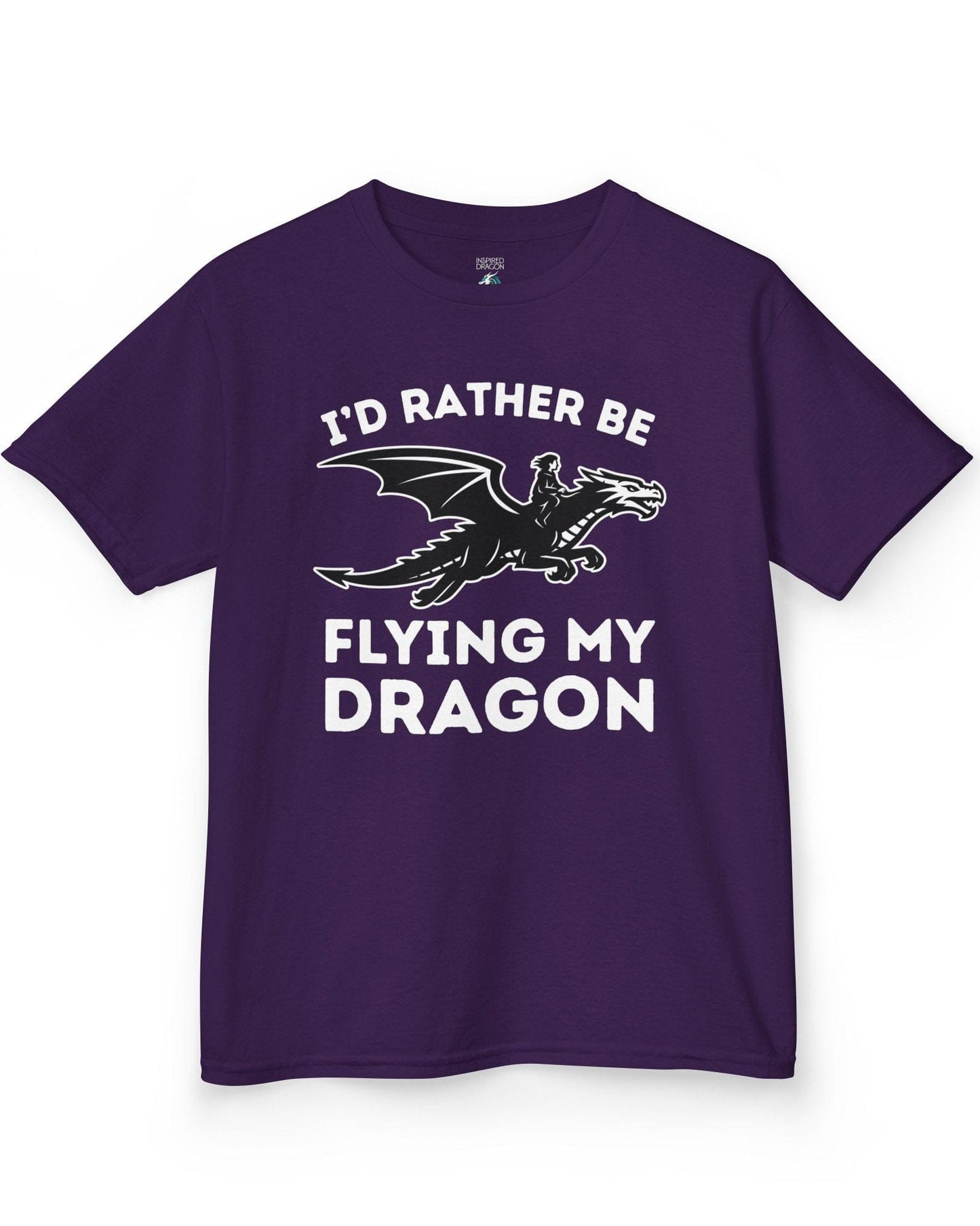 I'd Rather Be Flying My Dragon shirt in purple featuring a rider soaring on a black dragon silhouette.