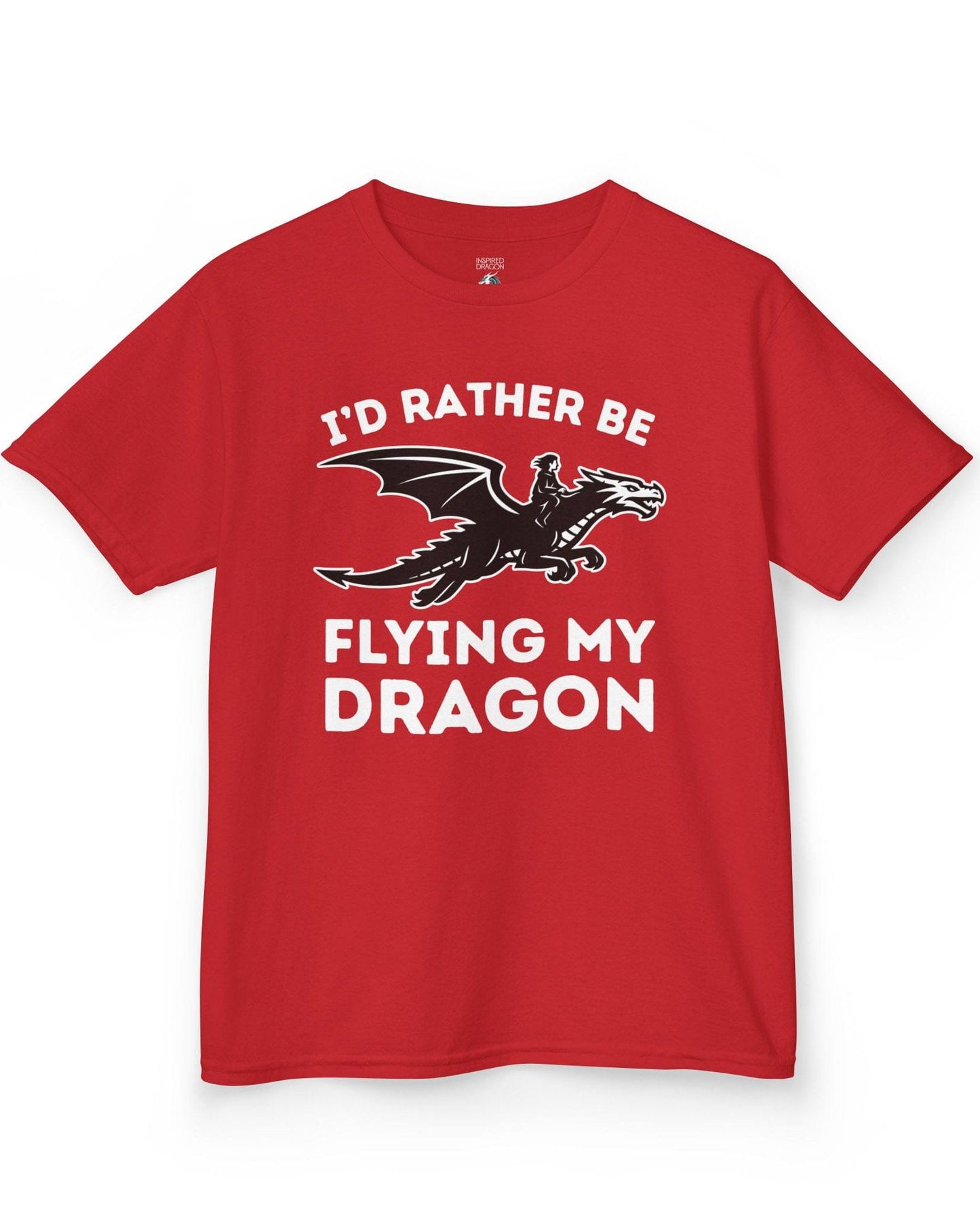 I'd Rather Be Flying My Dragon shirt in red featuring a rider soaring on a black dragon silhouette.