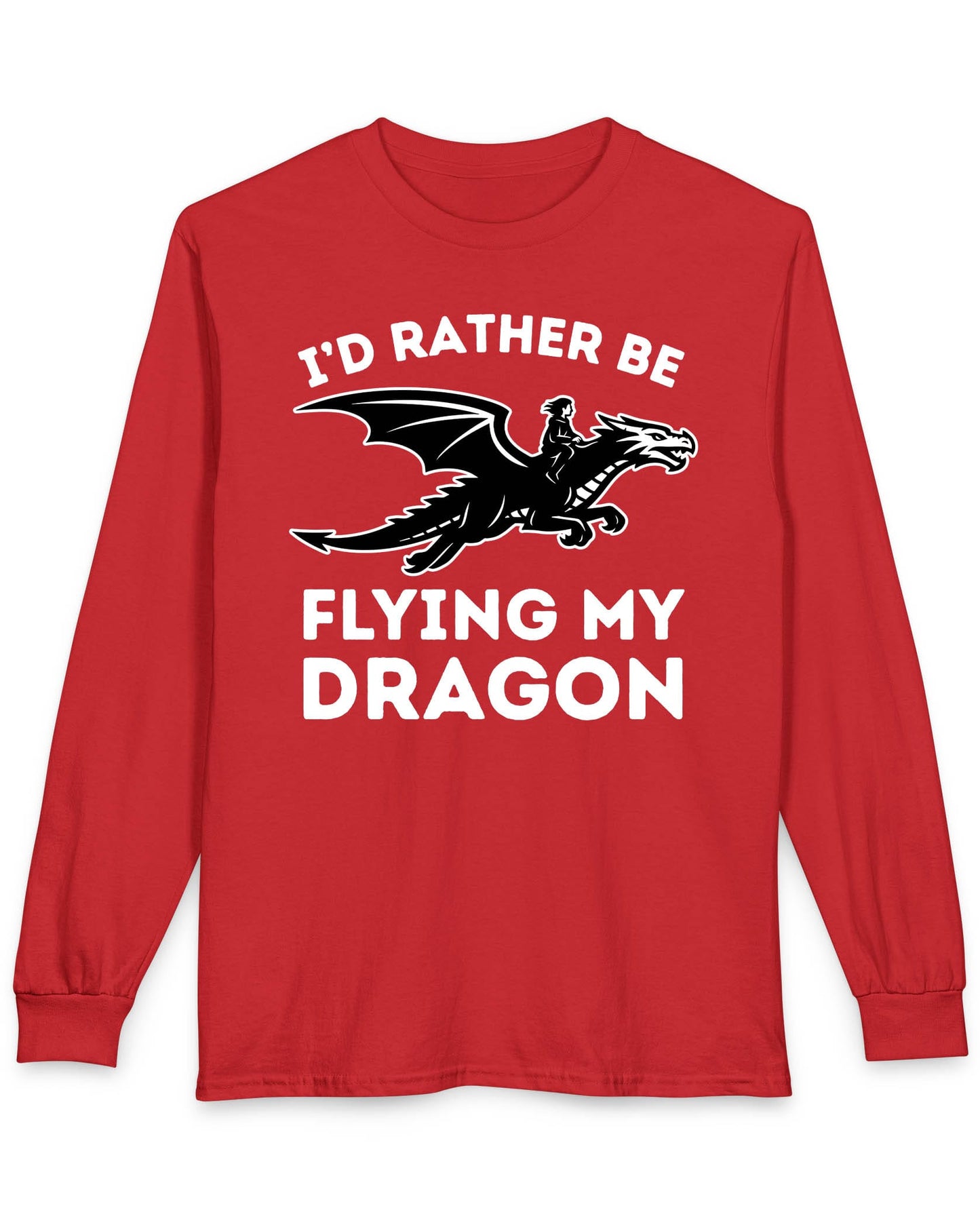 I'd Rather Be Flying My Dragon shirt in red featuring a rider soaring on a black dragon silhouette