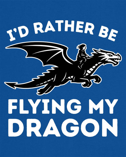 I'd Rather Be Flying My Dragon shirt in royal blue featuring a rider soaring on a black dragon silhouette.