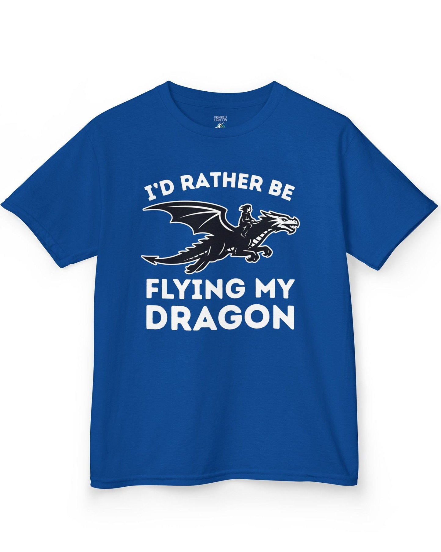 I'd Rather Be Flying My Dragon shirt in royal blue featuring a rider soaring on a black dragon silhouette.