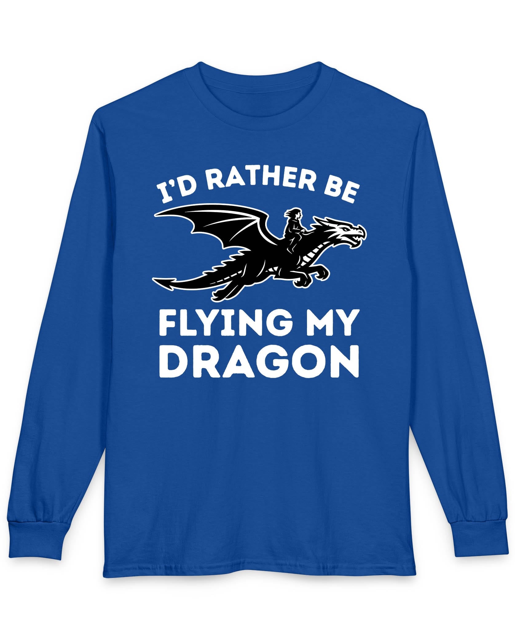 I'd Rather Be Flying My Dragon shirt in royal blue featuring a rider soaring on a black dragon silhouette