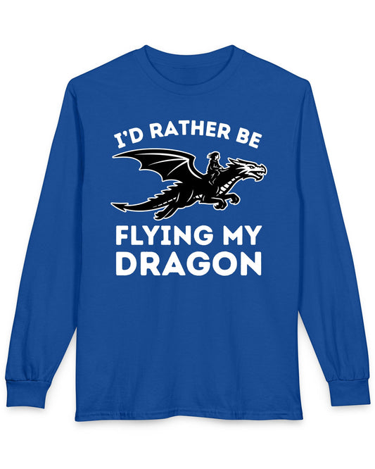 I'd Rather Be Flying My Dragon shirt in royal blue featuring a rider soaring on a black dragon silhouette