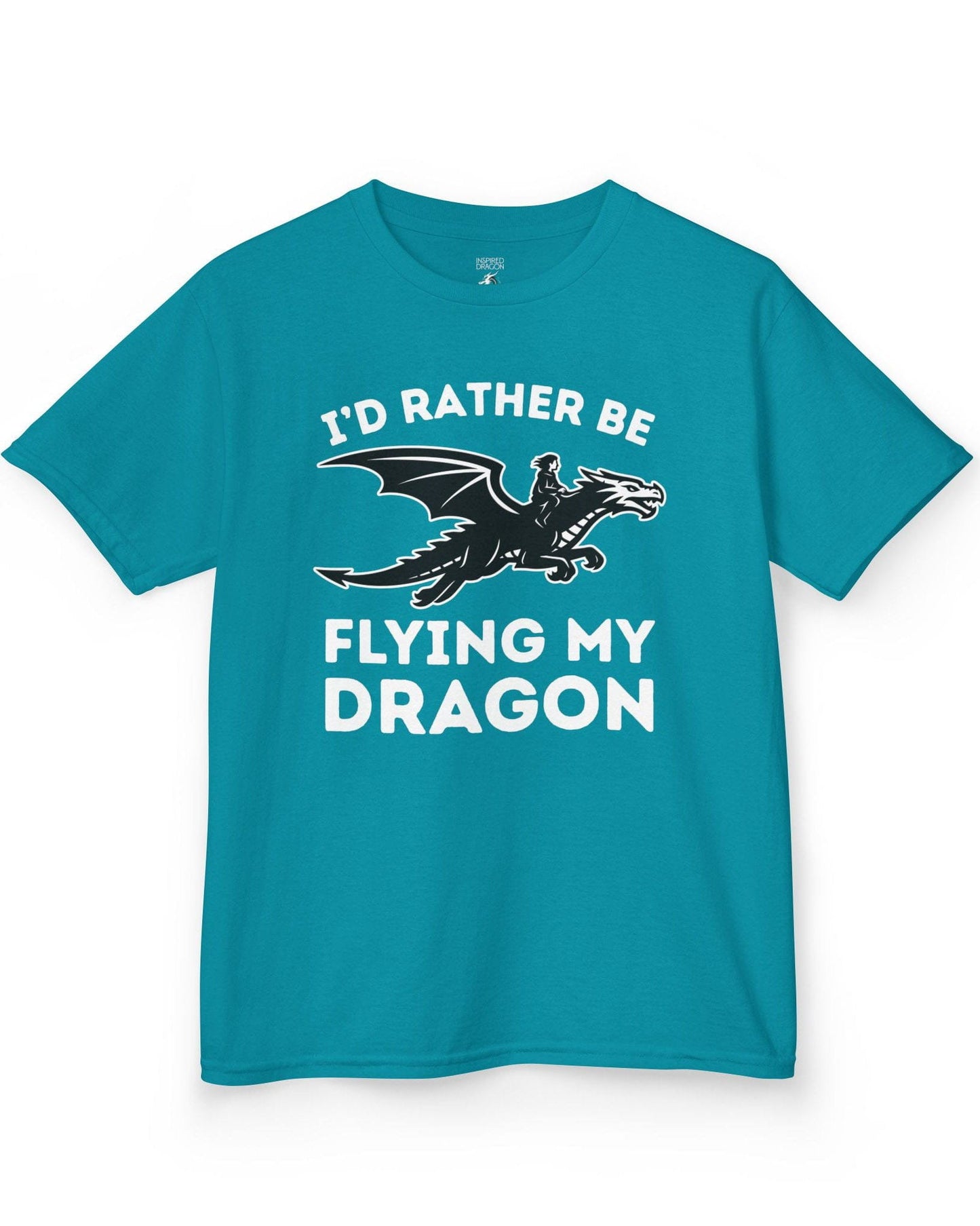 I'd Rather Be Flying My Dragon shirt in tropical blue featuring a rider soaring on a black dragon silhouette.
