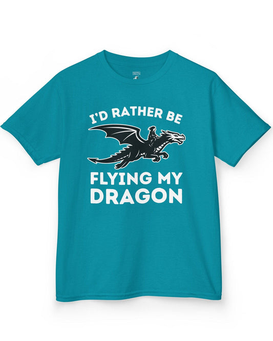 I'd Rather Be Flying My Dragon shirt in tropical blue featuring a rider soaring on a black dragon silhouette.