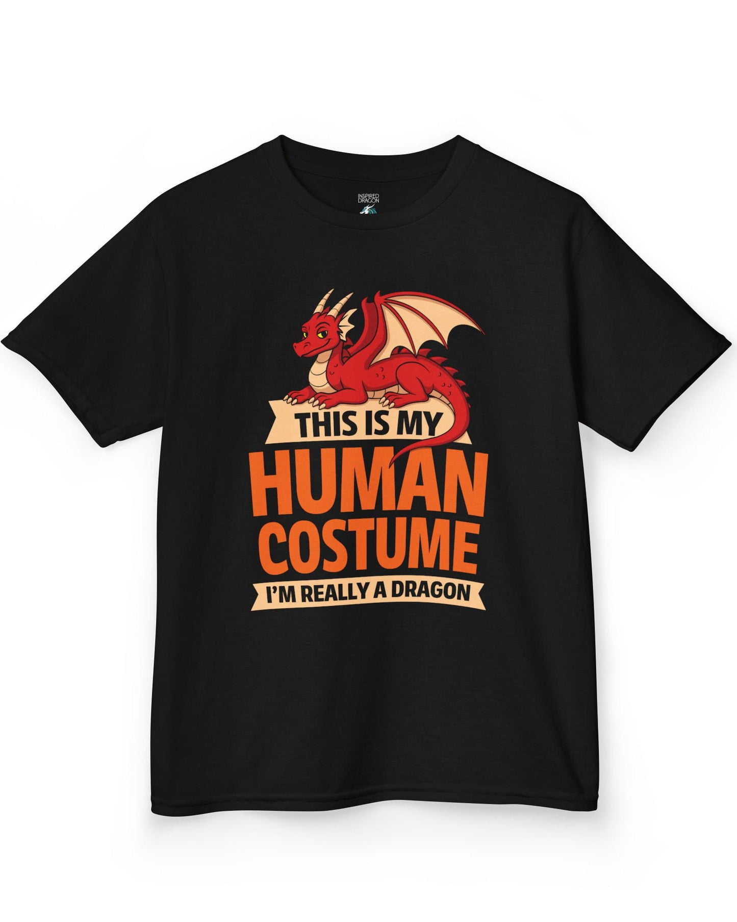 This Is My Human Costume shirt in black featuring a playful red dragon lounging above bold orange text