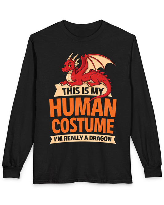 This Is My Human Costume shirt in black featuring a playful red dragon lounging above bold orange text