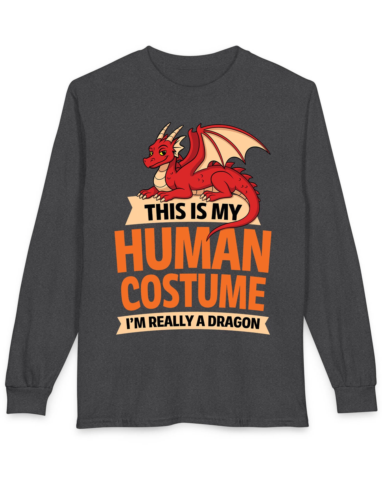 This Is My Human Costume shirt in dark heather featuring a playful red dragon lounging above bold orange text