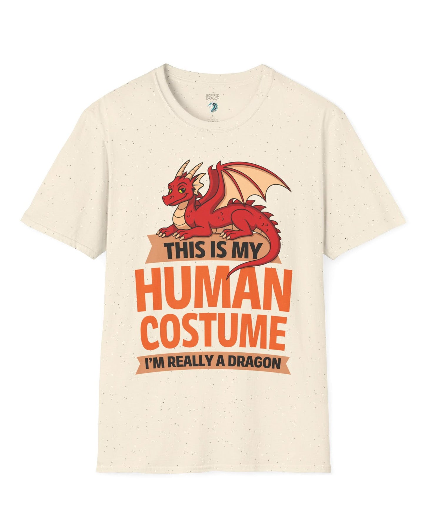 This Is My Human Costume shirt in natural featuring a playful red dragon lounging above bold orange text