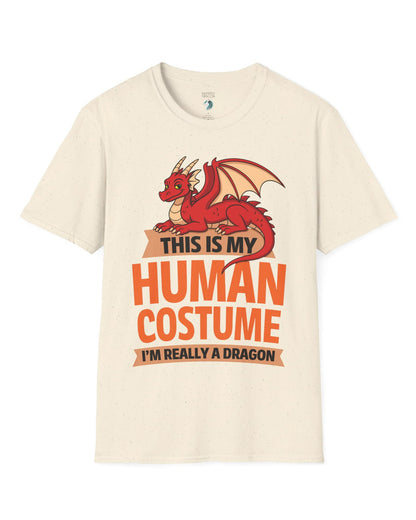 This Is My Human Costume shirt in natural featuring a playful red dragon lounging above bold orange text