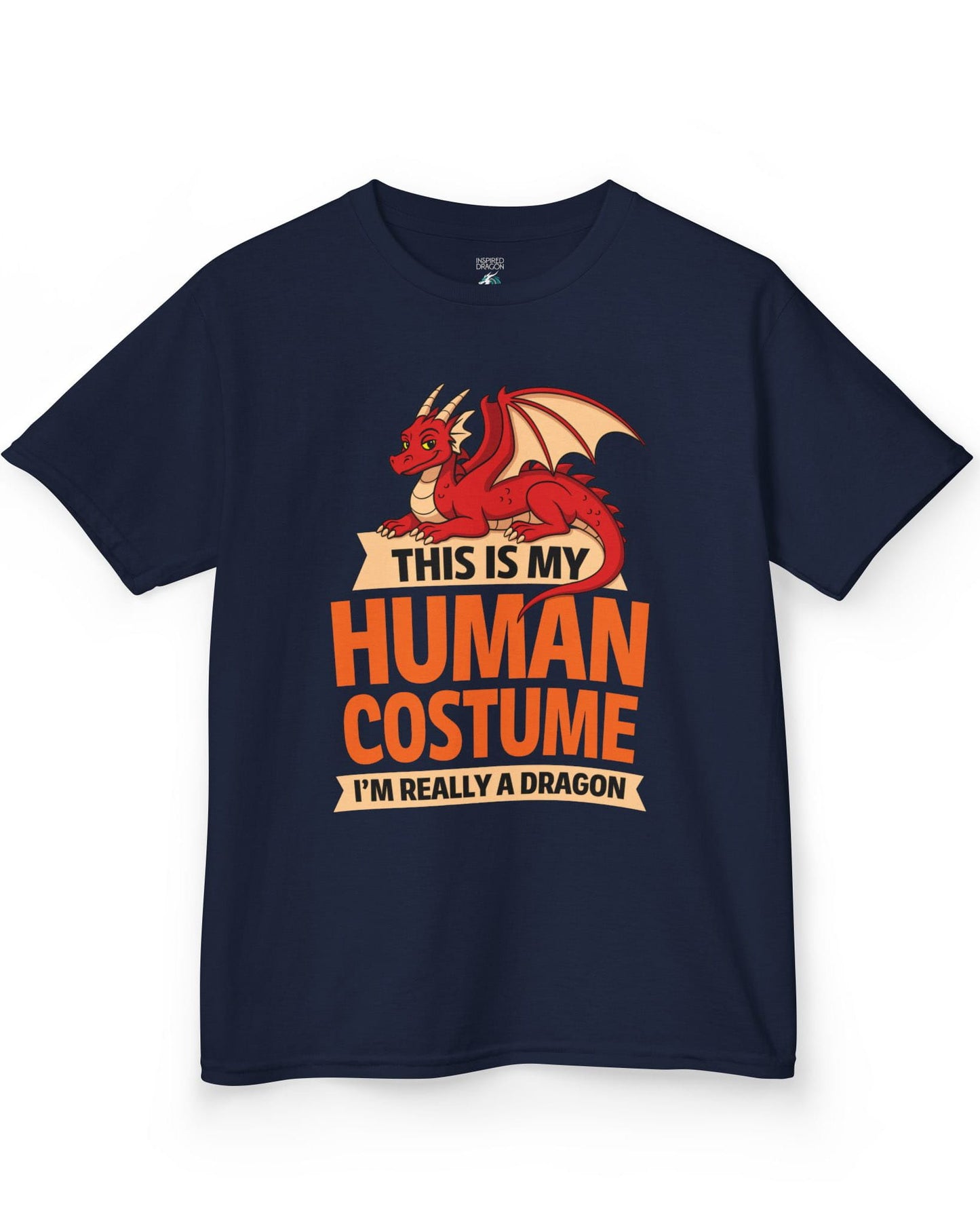 This Is My Human Costume shirt in navy featuring a playful red dragon lounging above bold orange text
