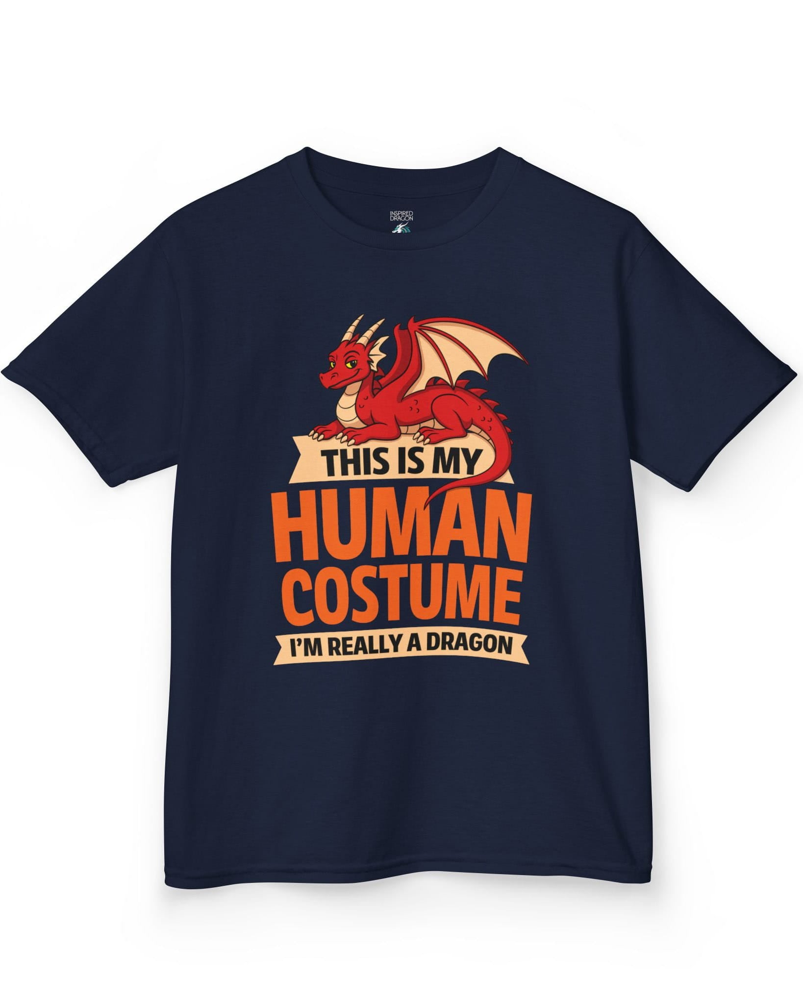 This Is My Human Costume shirt in navy featuring a playful red dragon lounging above bold orange text