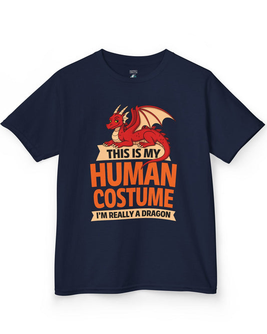 This Is My Human Costume shirt in navy featuring a playful red dragon lounging above bold orange text