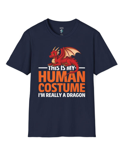 This Is My Human Costume shirt in navy featuring a playful red dragon lounging above bold orange text.