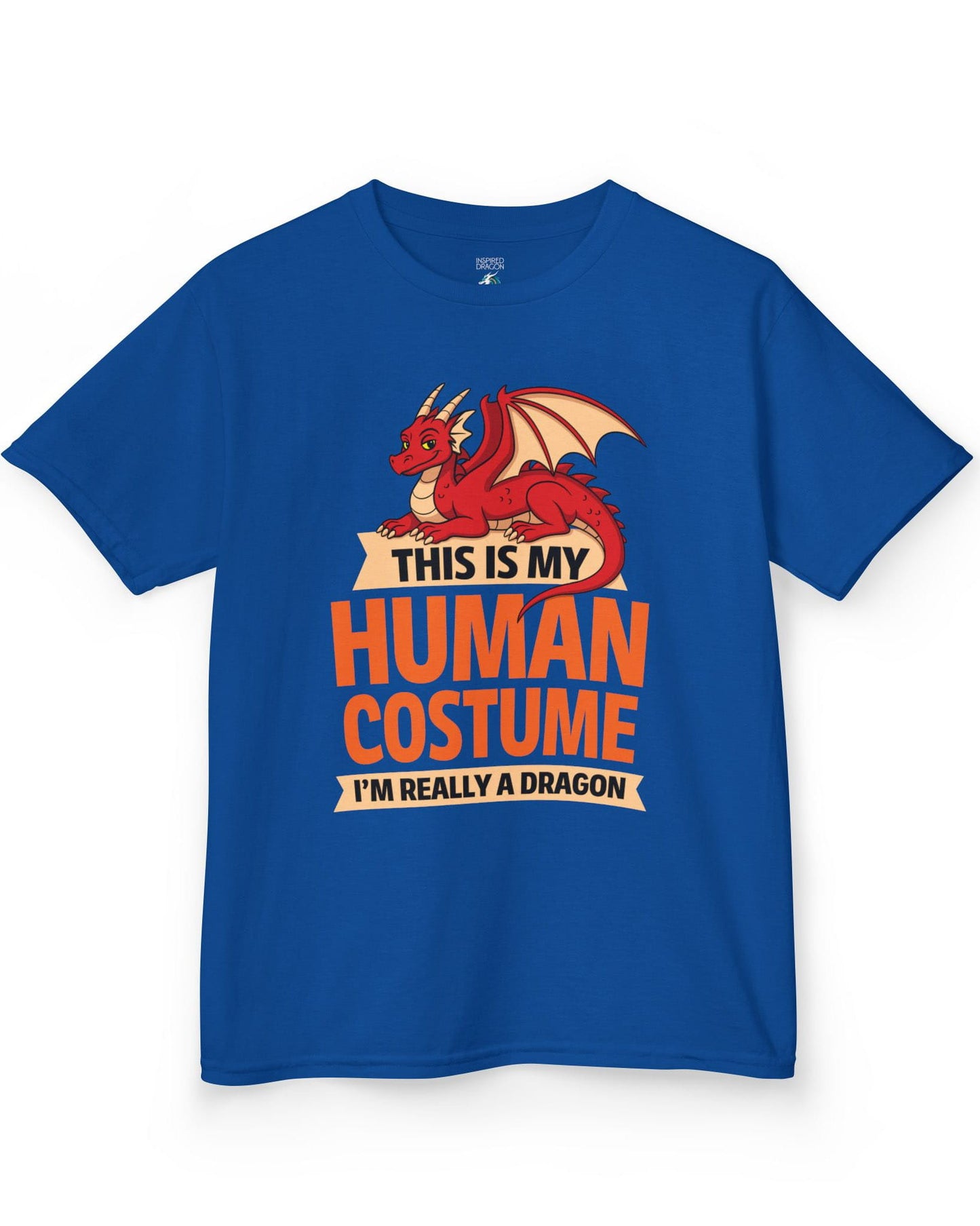 This Is My Human Costume shirt in royal blue featuring a playful red dragon lounging above bold orange text