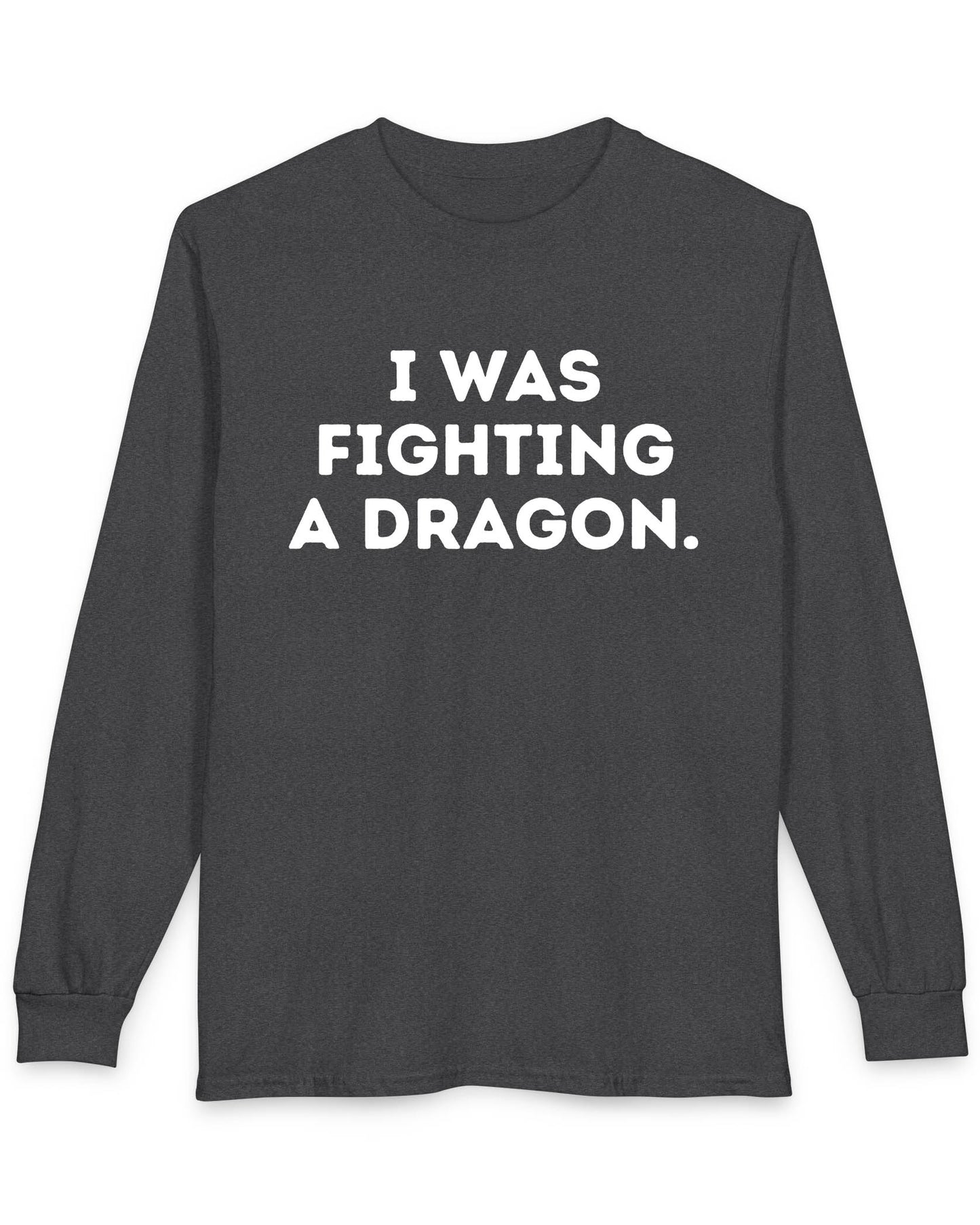 I Was Fighting a Dragon shirt in dark heather with bold text