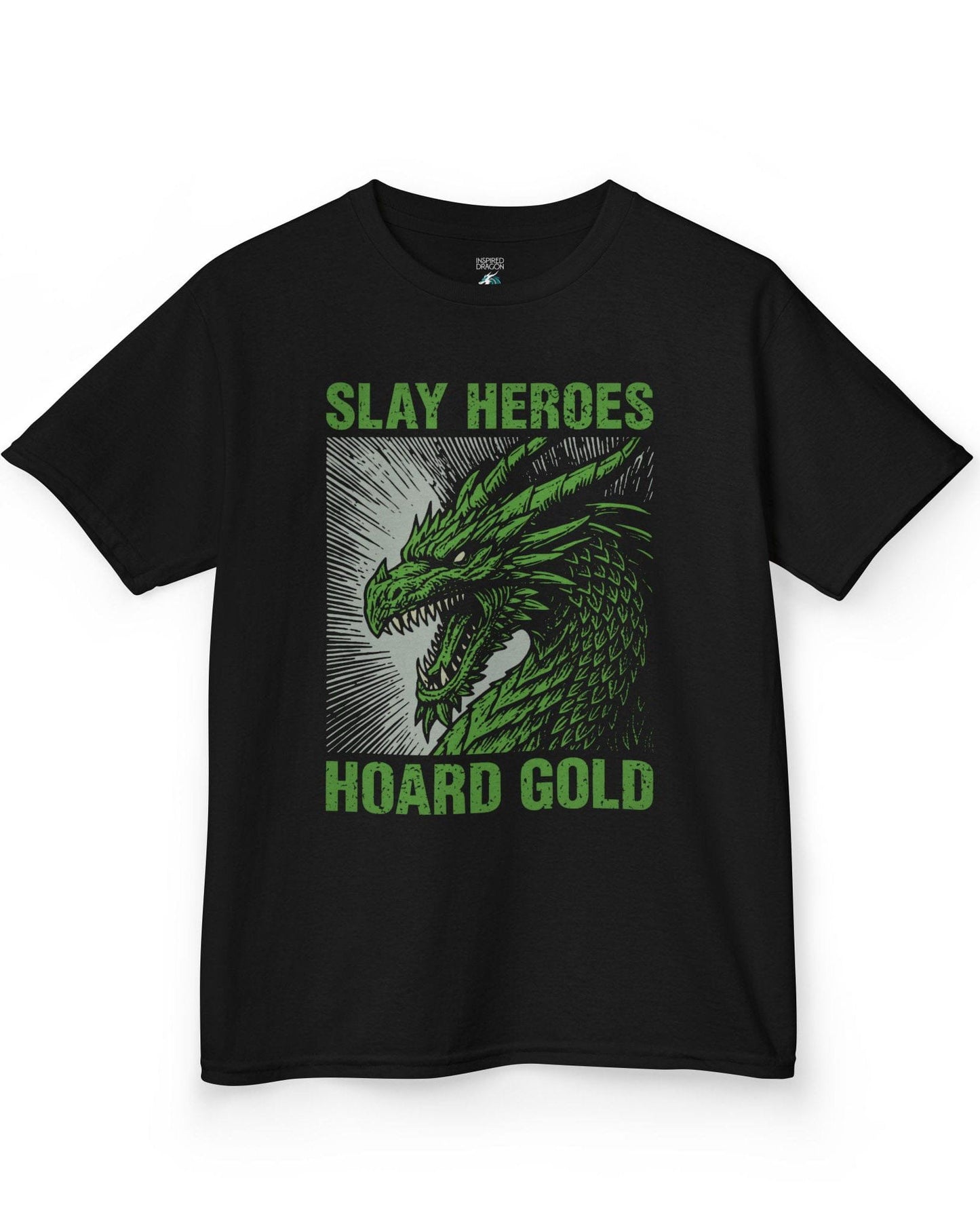 Slay Heroes, Hoard Gold shirt in black featuring a fierce green dragon illustration in bold, distressed graphic style.