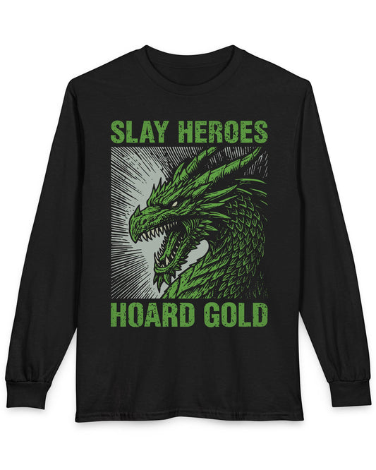 Slay Heroes, Hoard Gold shirt in black featuring a fierce green dragon illustration in bold, distressed graphic style