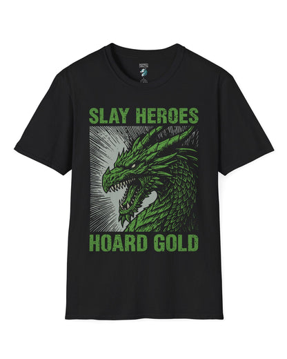Slay Heroes, Hoard Gold shirt in black featuring a fierce green dragon illustration in bold, distressed graphic style.
