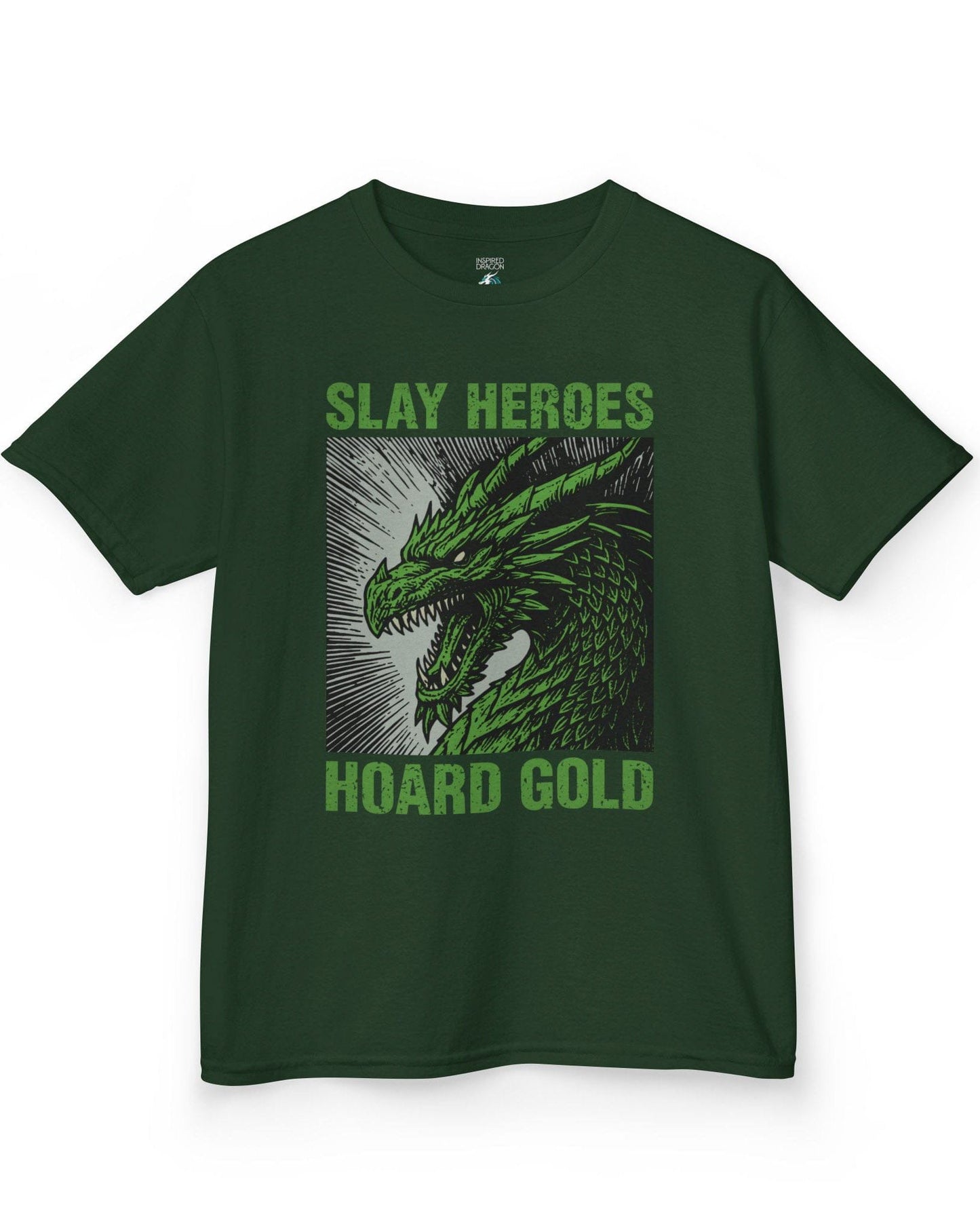 Slay Heroes, Hoard Gold shirt in forest green featuring a fierce green dragon illustration in bold, distressed graphic style.