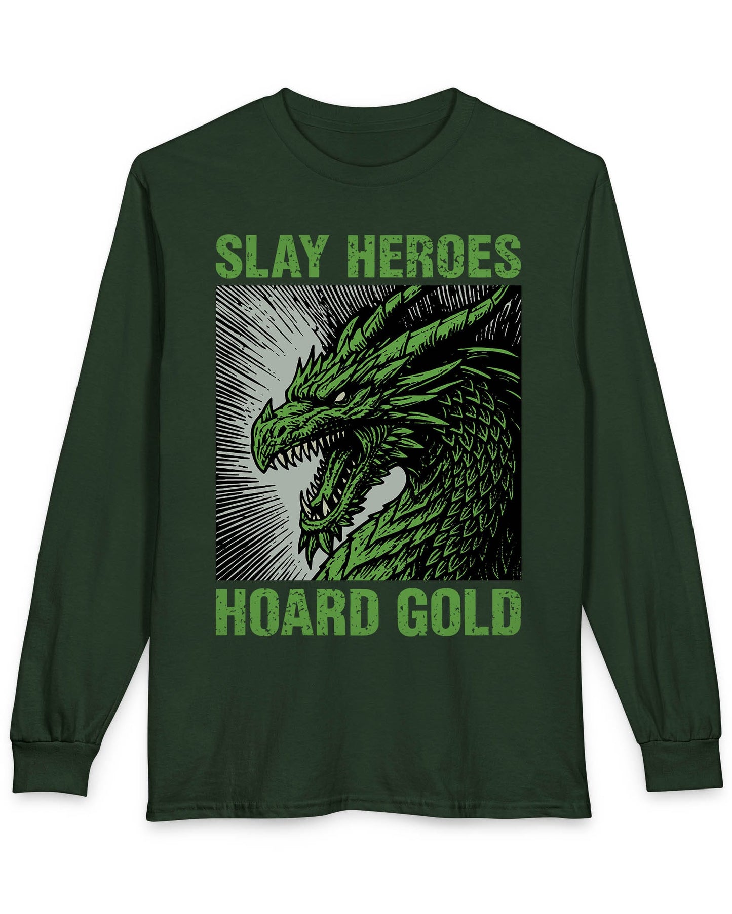 Slay Heroes, Hoard Gold shirt in forest green featuring a fierce green dragon illustration in bold, distressed graphic style