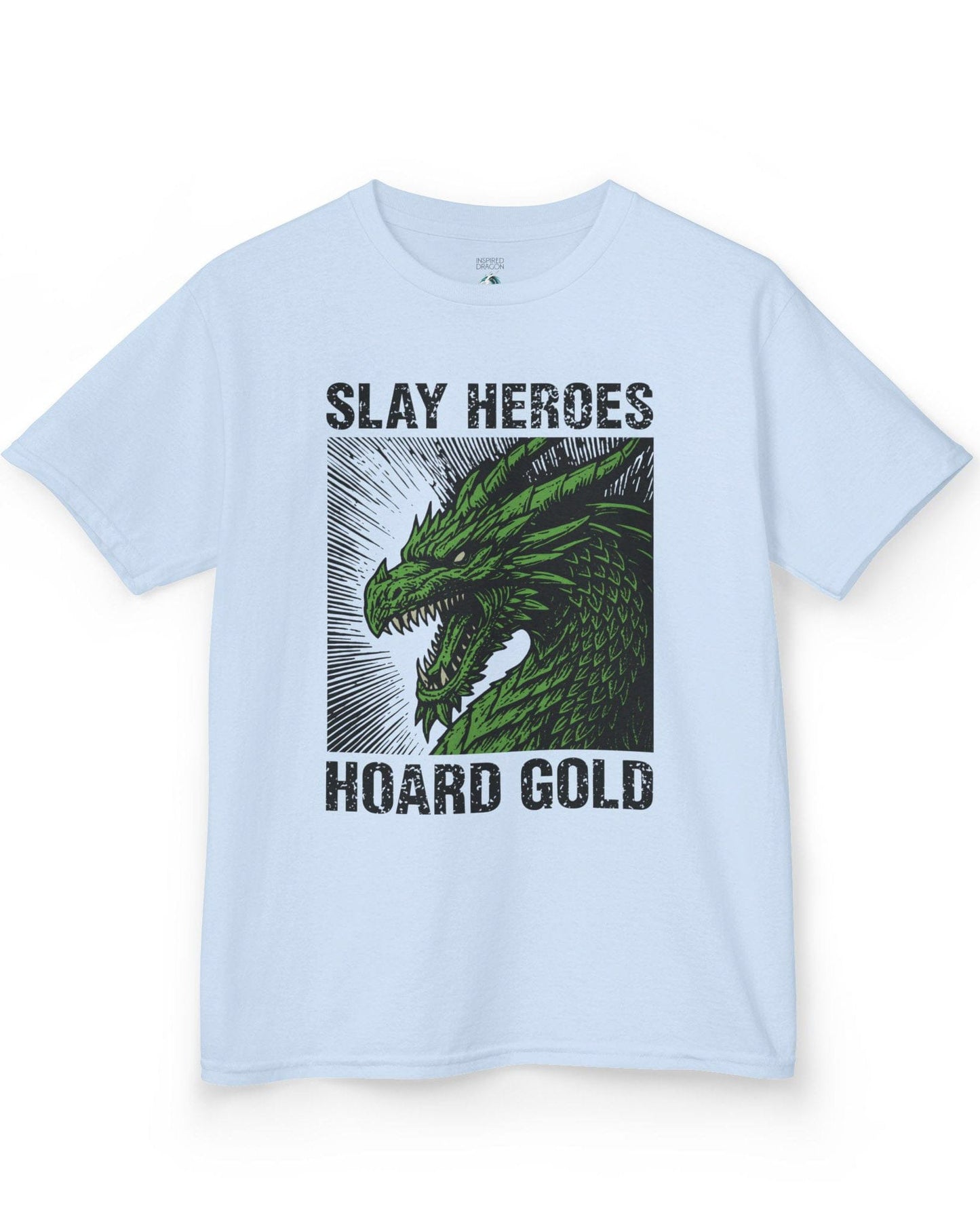 Slay Heroes, Hoard Gold shirt in light blue featuring a fierce green dragon illustration in bold, distressed graphic style.
