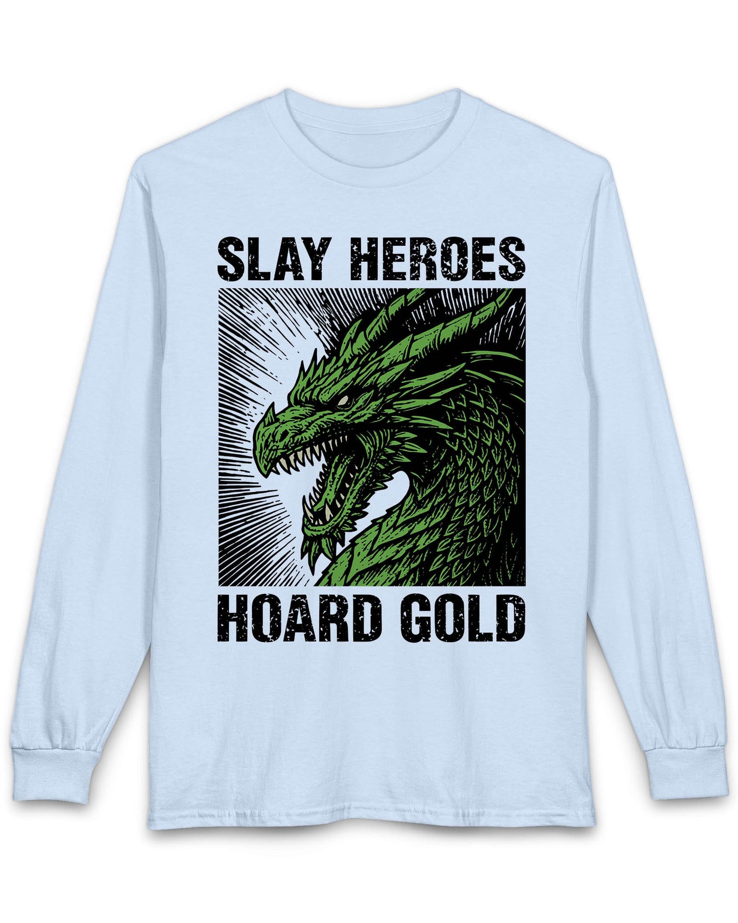 Slay Heroes, Hoard Gold shirt in light blue featuring a fierce green dragon illustration in bold, distressed graphic style