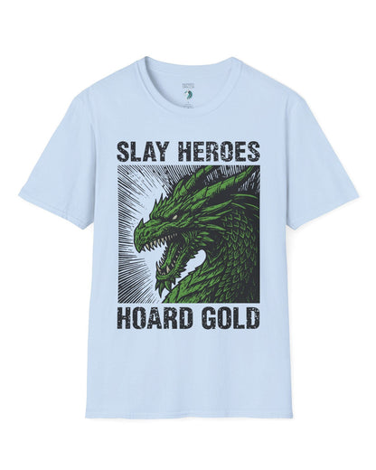 Slay Heroes, Hoard Gold shirt in light blue featuring a fierce green dragon illustration in bold, distressed graphic style.