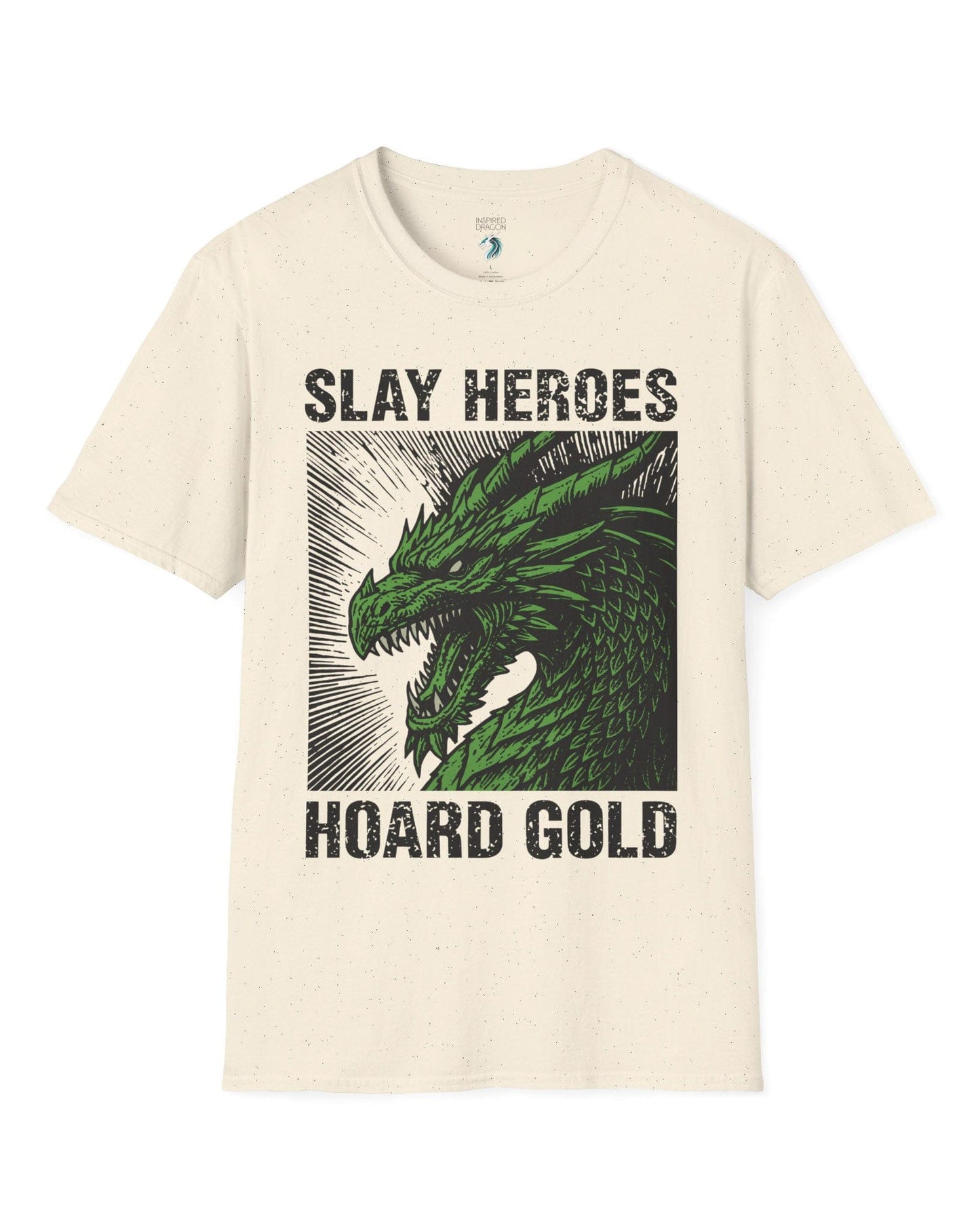 Slay Heroes, Hoard Gold shirt in natural featuring a fierce green dragon illustration in bold, distressed graphic style.