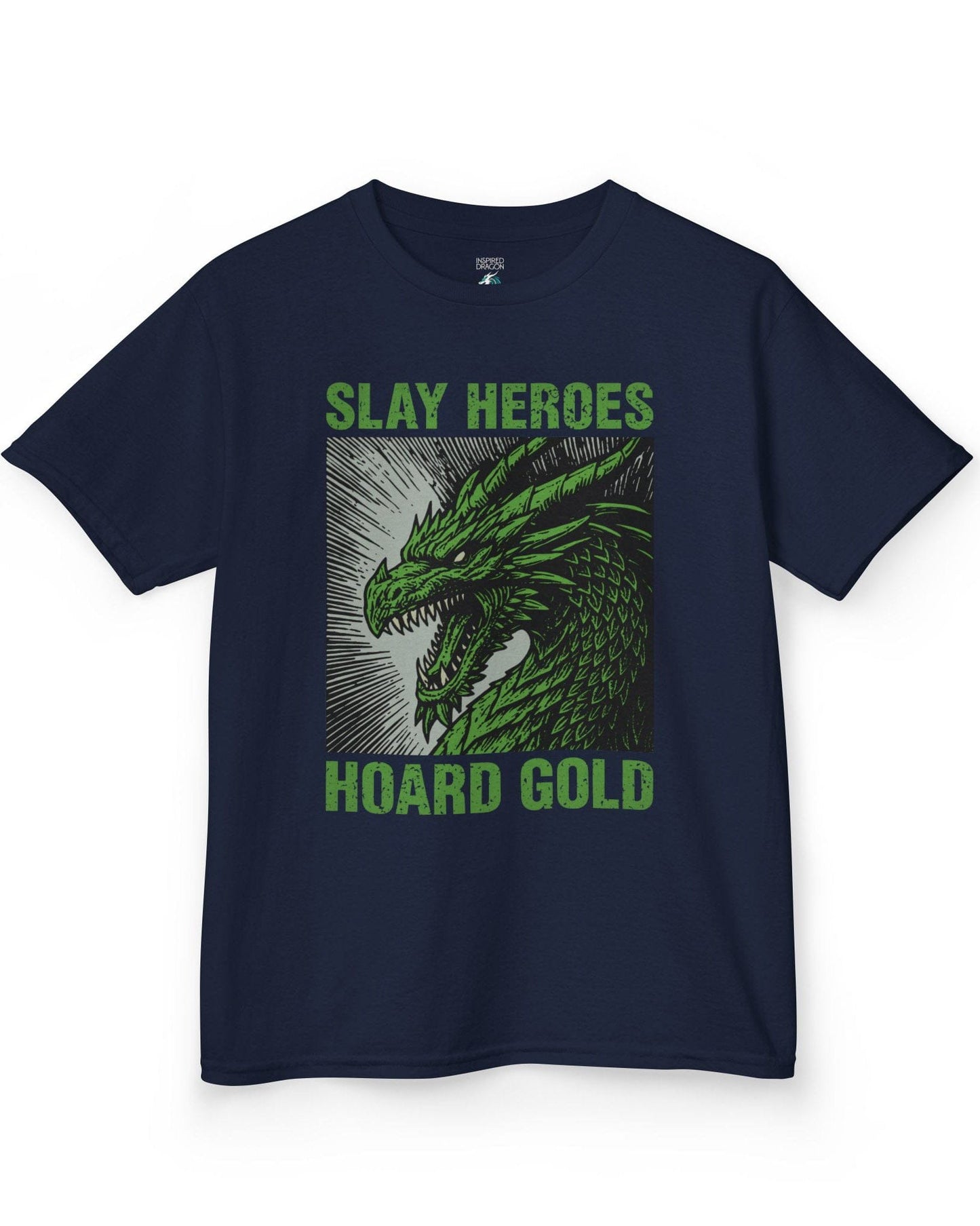 Slay Heroes, Hoard Gold shirt in navy featuring a fierce green dragon illustration in bold, distressed graphic style.