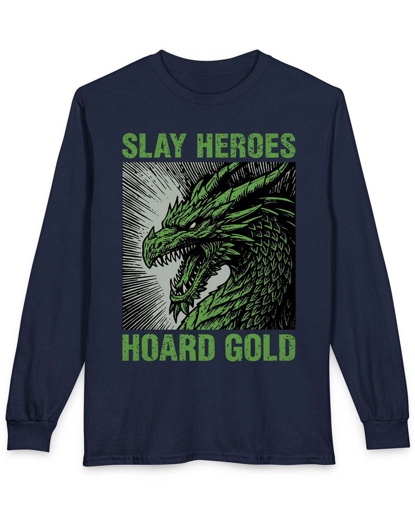 Slay Heroes, Hoard Gold shirt in navy featuring a fierce green dragon illustration in bold, distressed graphic style