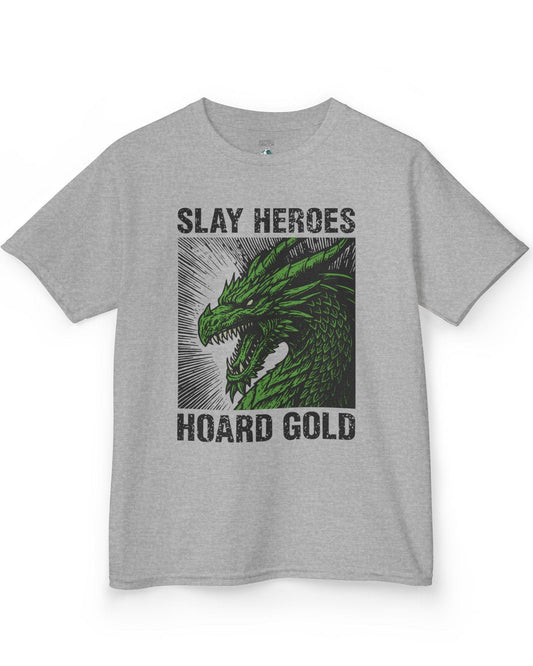 Slay Heroes, Hoard Gold shirt in sport grey featuring a fierce green dragon illustration in bold, distressed graphic style.