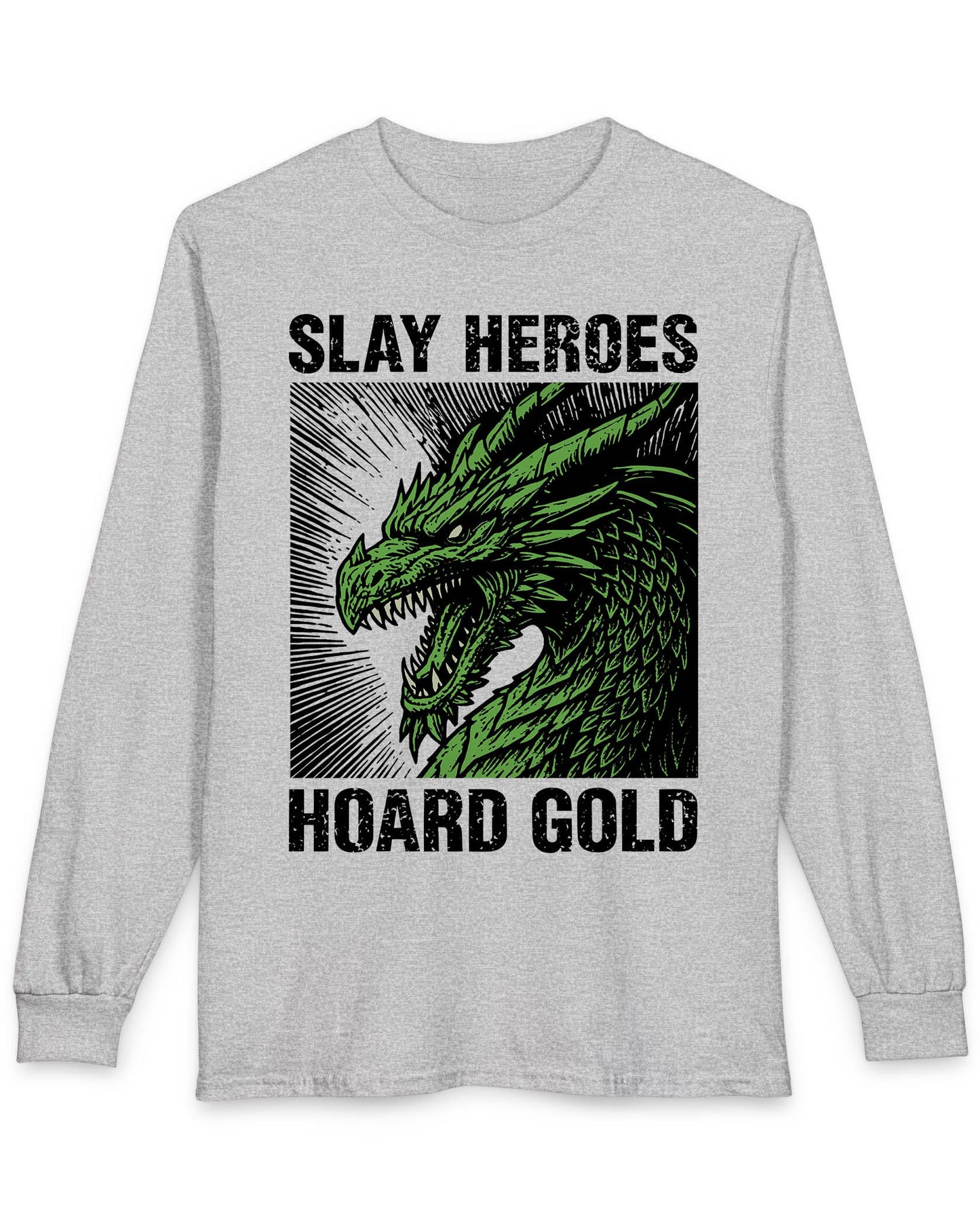 Slay Heroes, Hoard Gold shirt in sport grey featuring a fierce green dragon illustration in bold, distressed graphic style