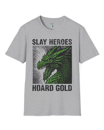 Slay Heroes, Hoard Gold shirt in sport grey featuring a fierce green dragon illustration in bold, distressed graphic style.