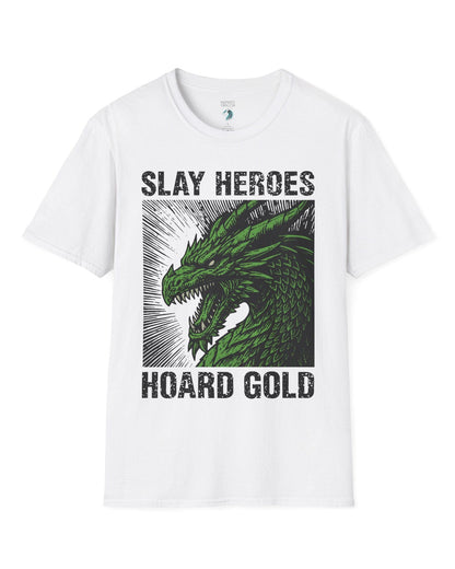 Slay Heroes, Hoard Gold shirt in white featuring a fierce green dragon illustration in bold, distressed graphic style.