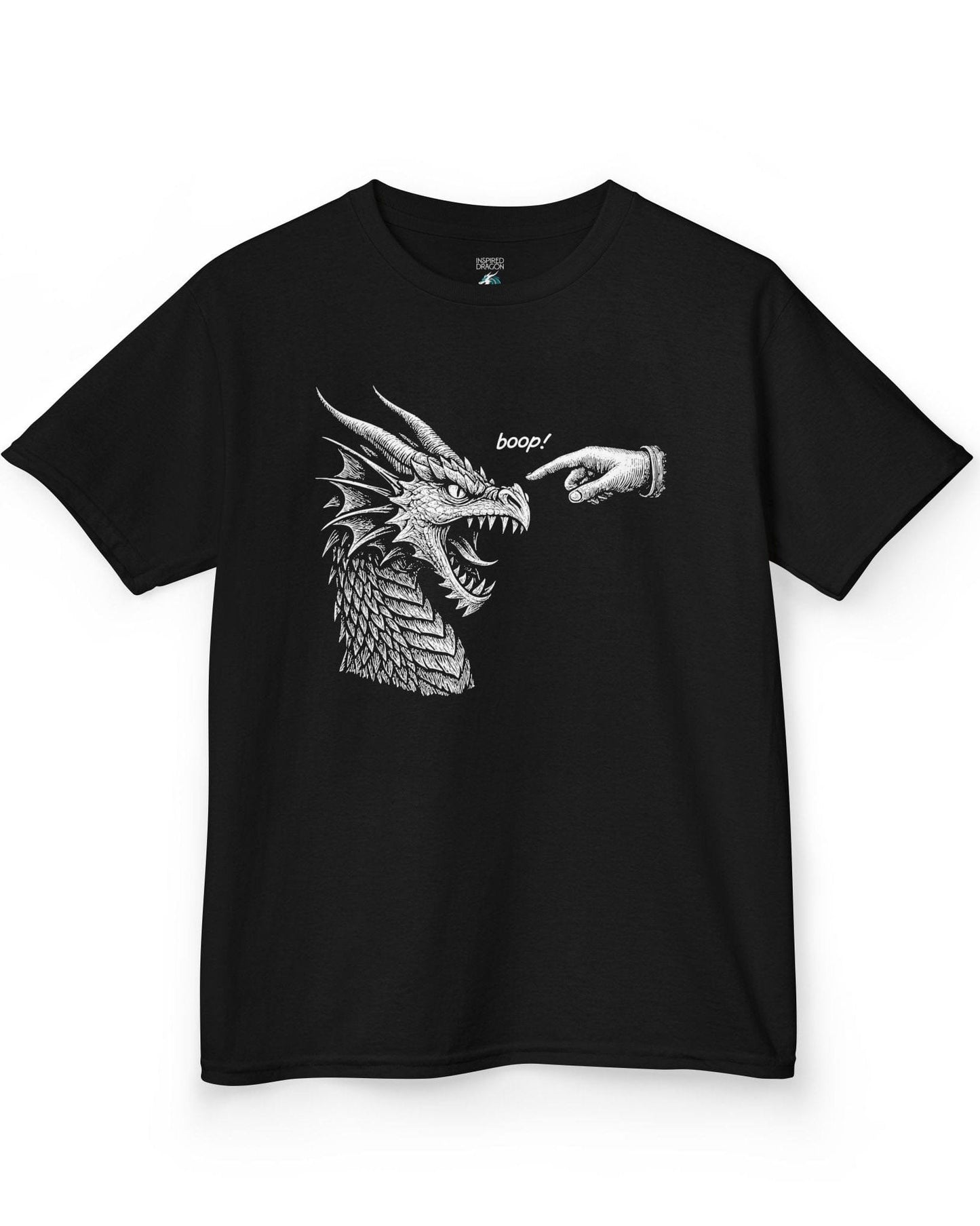 Boop! shirt in black featuring a detailed snarling dragon being playfully tapped on the nose by a pointing hand.